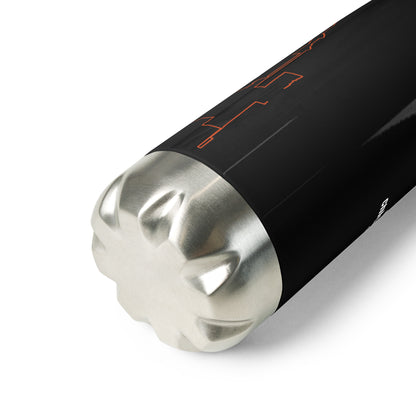 Close-up of a bottom of black water bottle with a red custom Strava print art on a white background