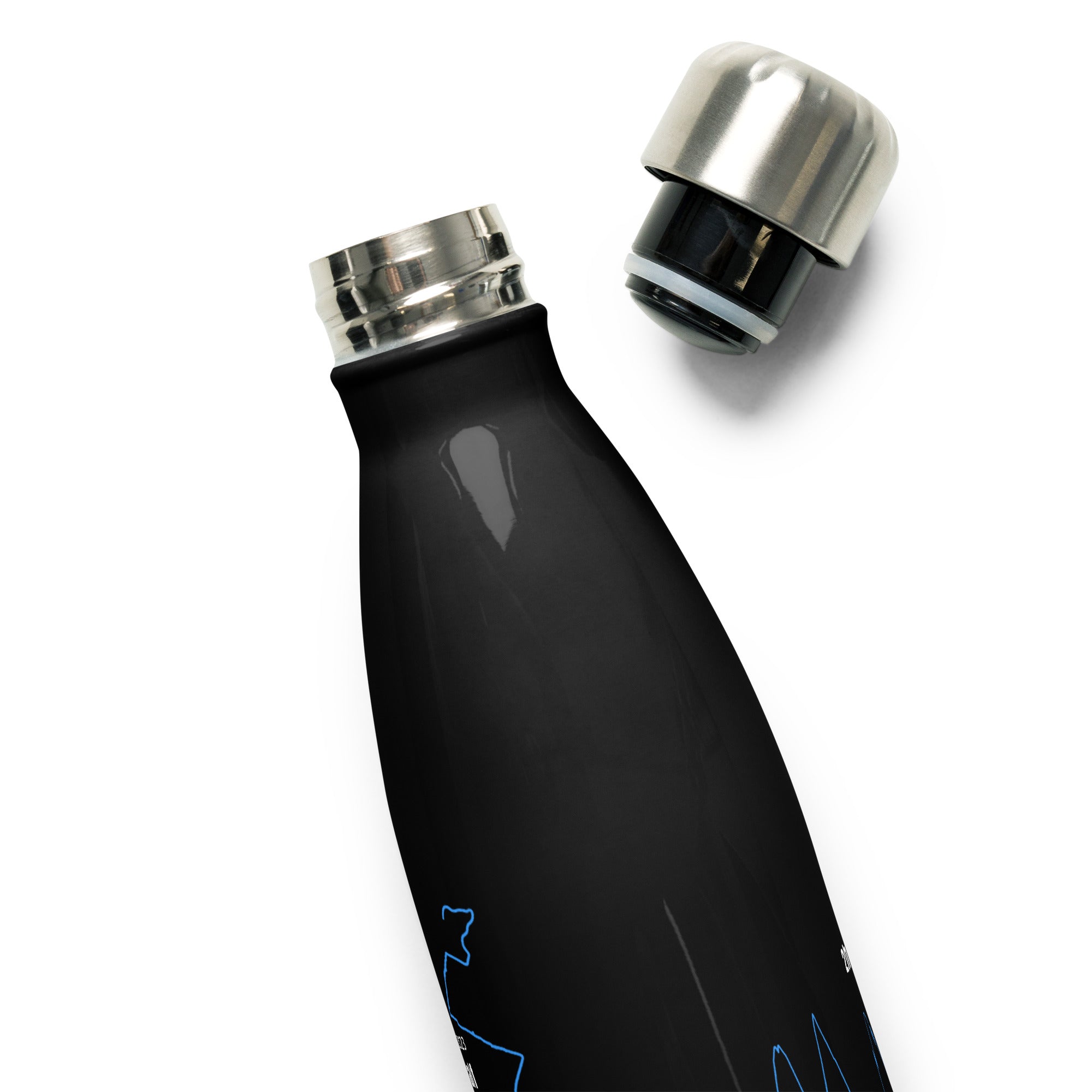Black water bottle with silver cap and custom Strava print art on a white background