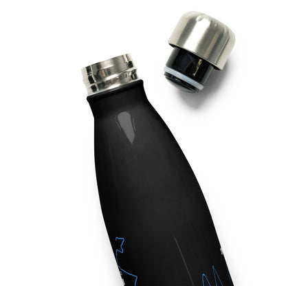 Black water bottle with silver cap and custom Strava print art on a white background