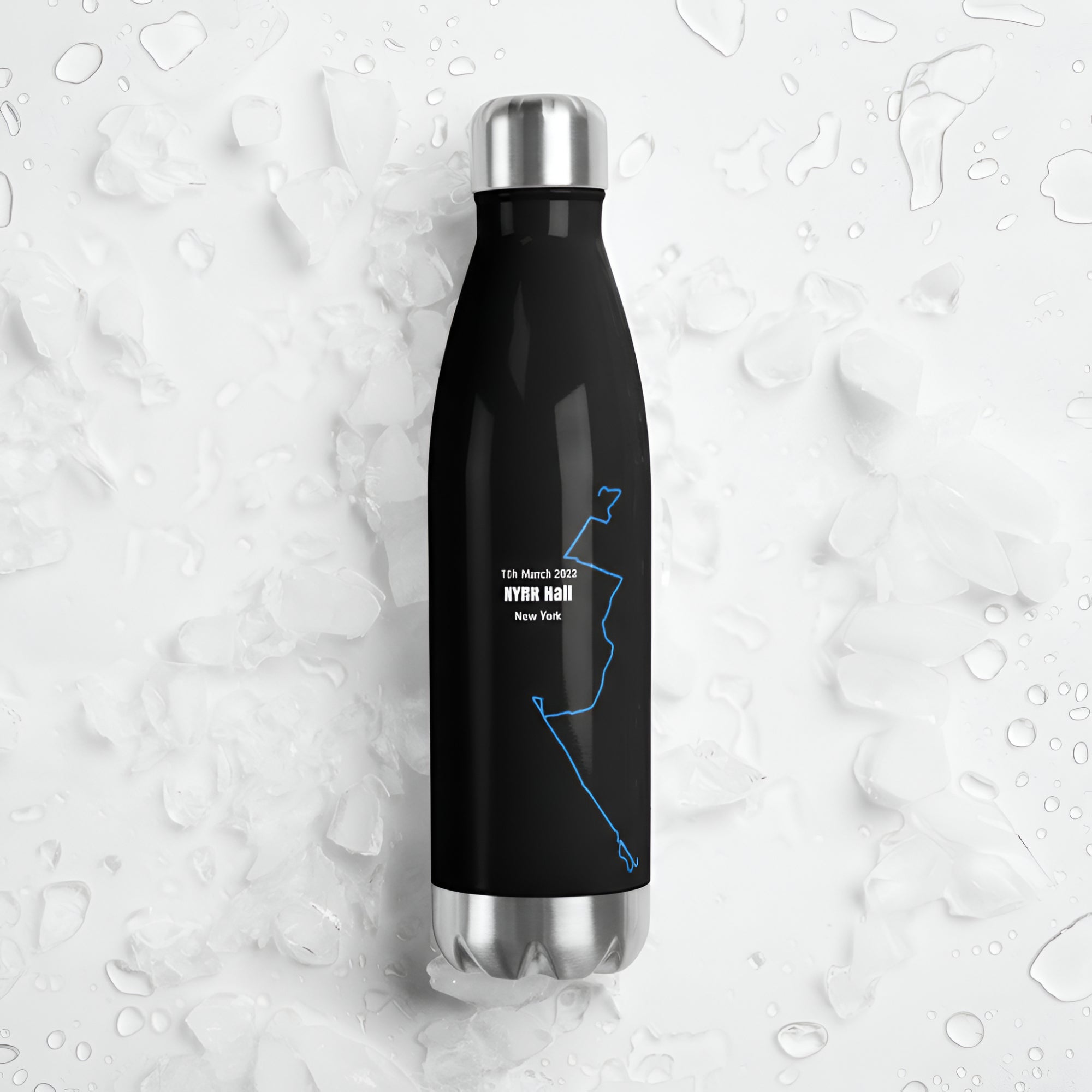Black water bottle with a custom Strava print art design on a textured white background