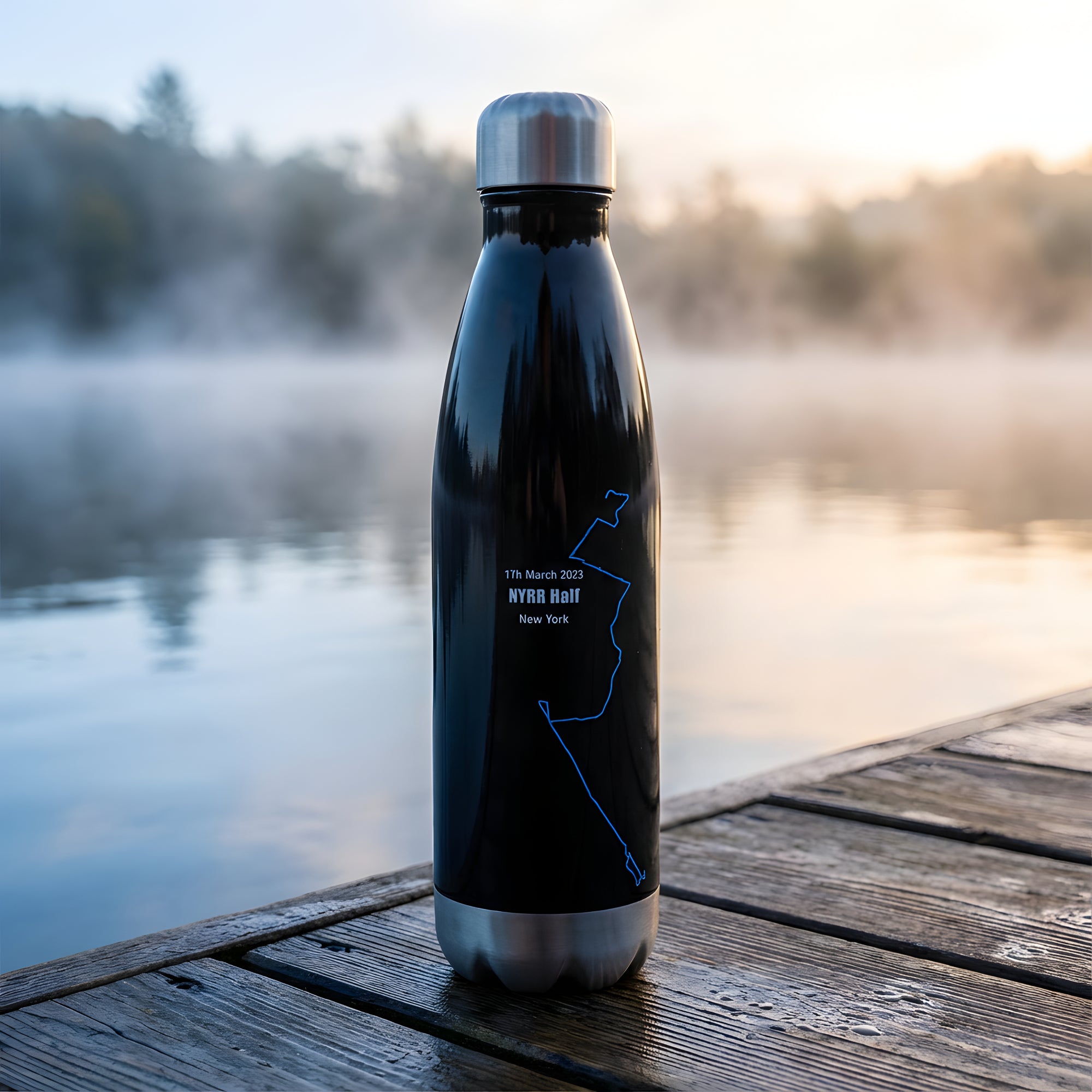 Black water bottle with a custom Strava print art design on a wooden dock by a lake