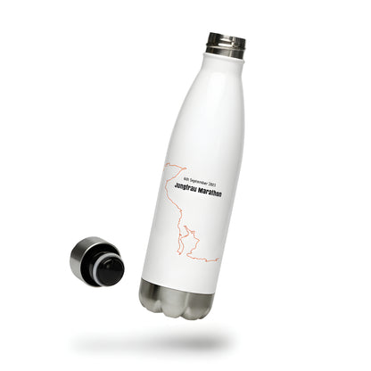 White insulated bottle with a custom Strava print art design on a white background