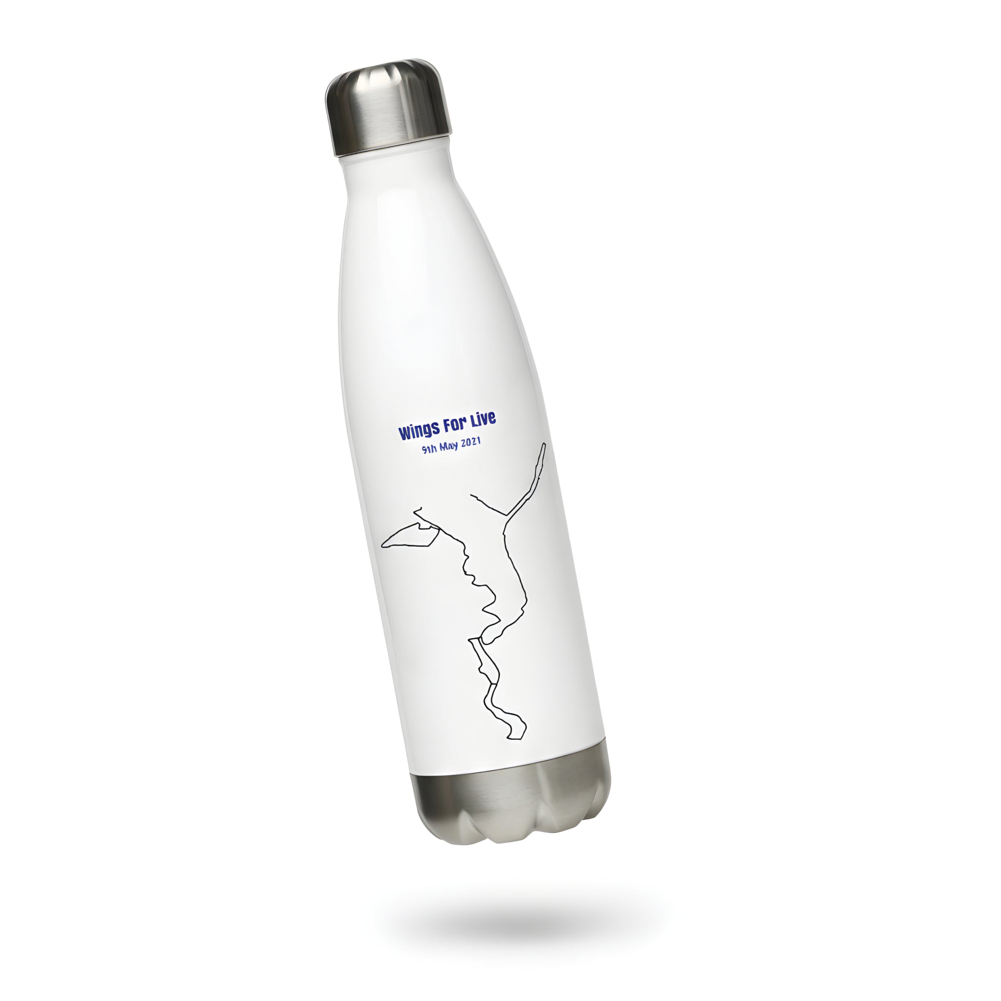 White water bottle with silver cap and custom Strava print art on a white background