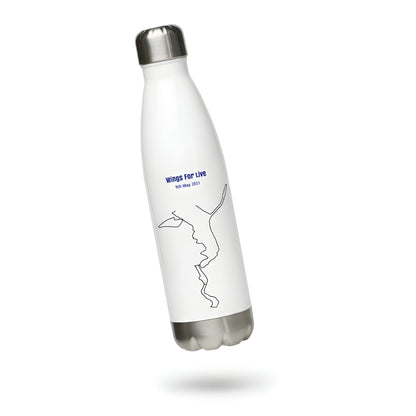 White water bottle with silver cap and custom Strava print art on a white background