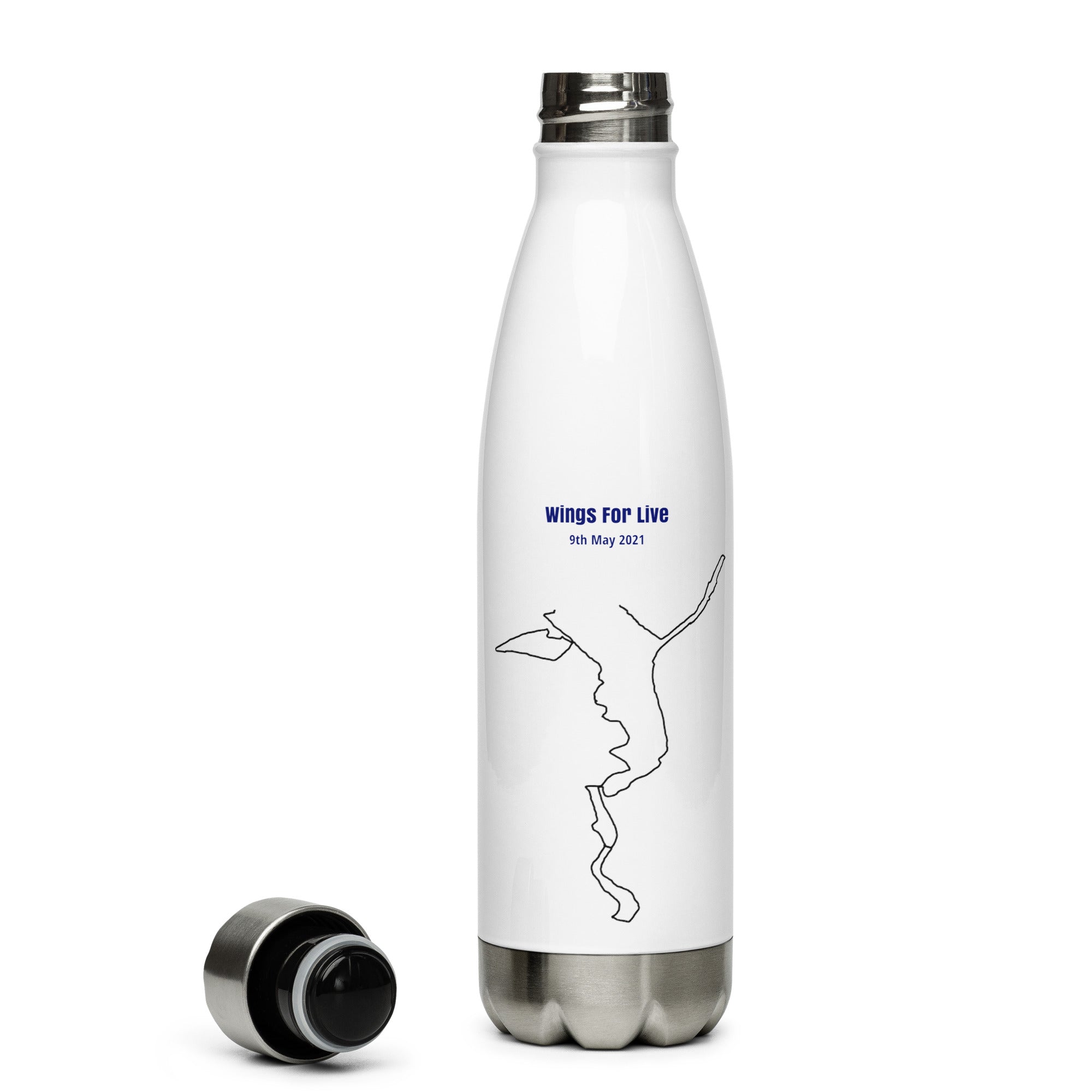 White water bottle with custom Strava print art design and text on a white background