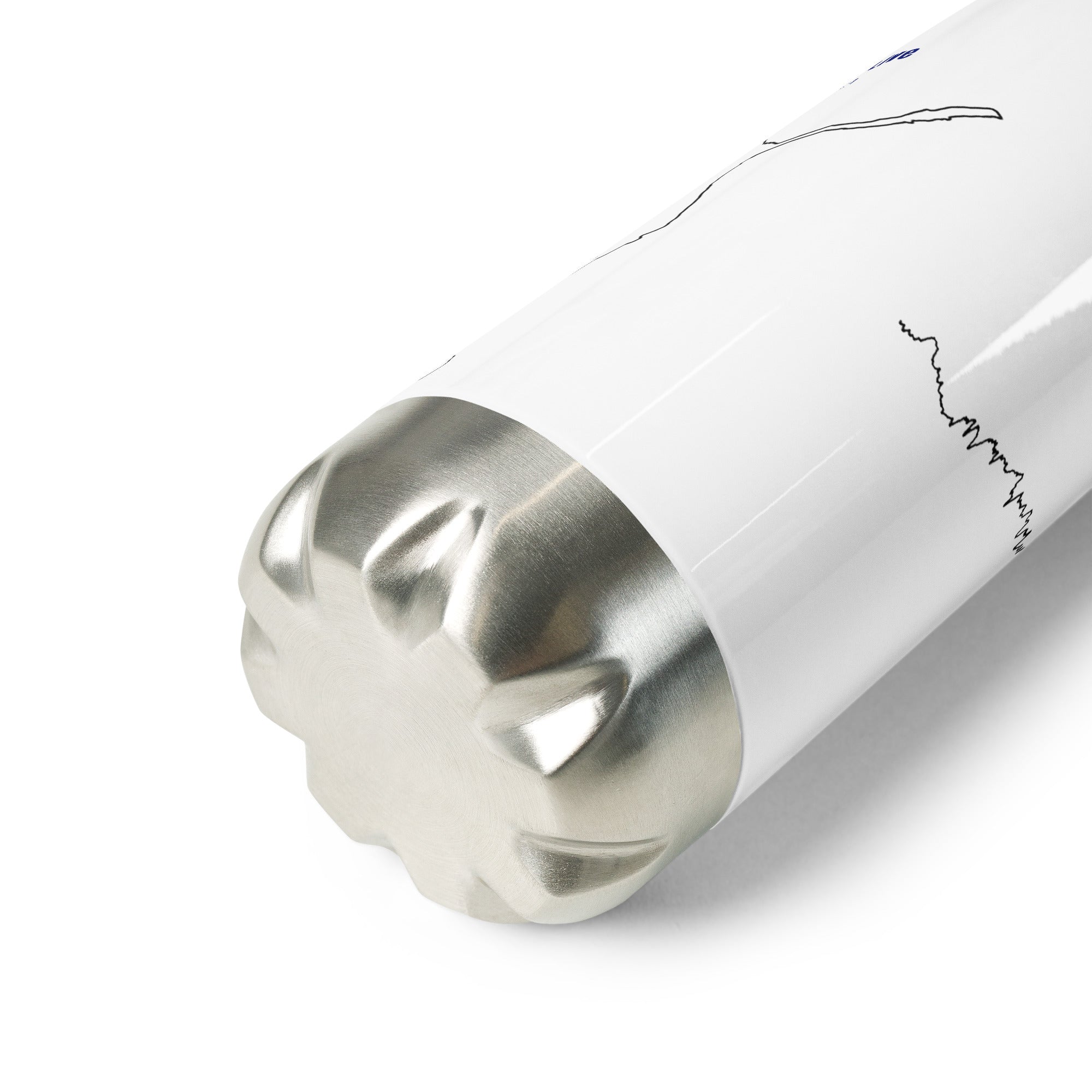 Close-up of a white cylindrical product with a silver cap and custom Strava print art on a white background