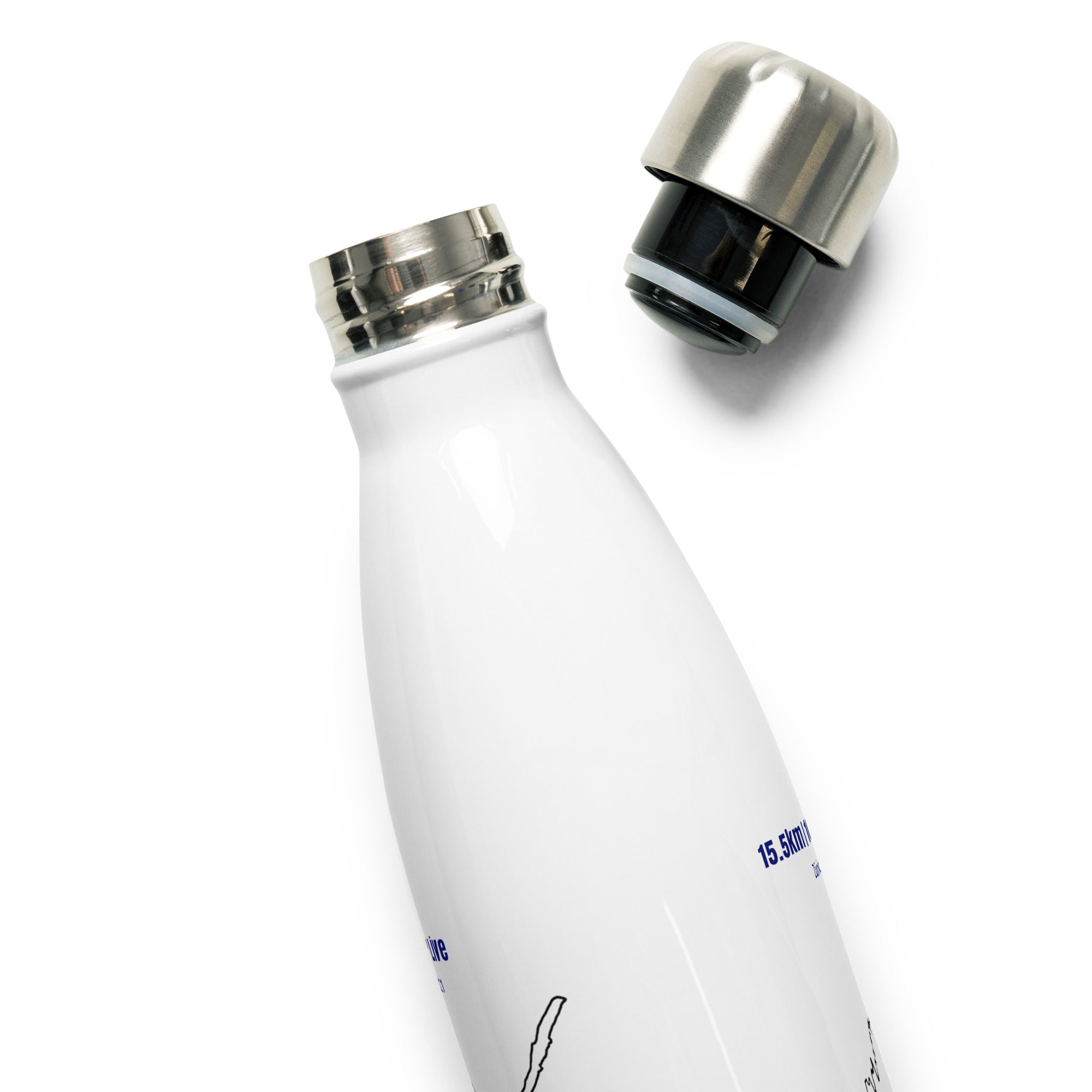 White water bottle with silver cap and  custom Strava print art on a white background