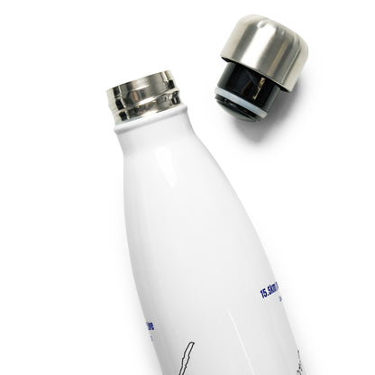 White water bottle with silver cap and  custom Strava print art on a white background