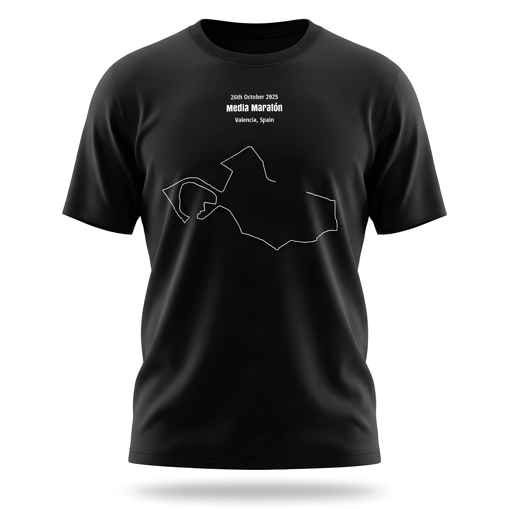 Black t-shirt with white custom Strava route print graphic and text on a white background