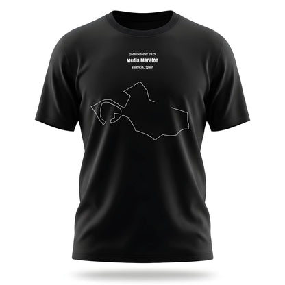 Black t-shirt with white custom Strava route print graphic and text on a white background
