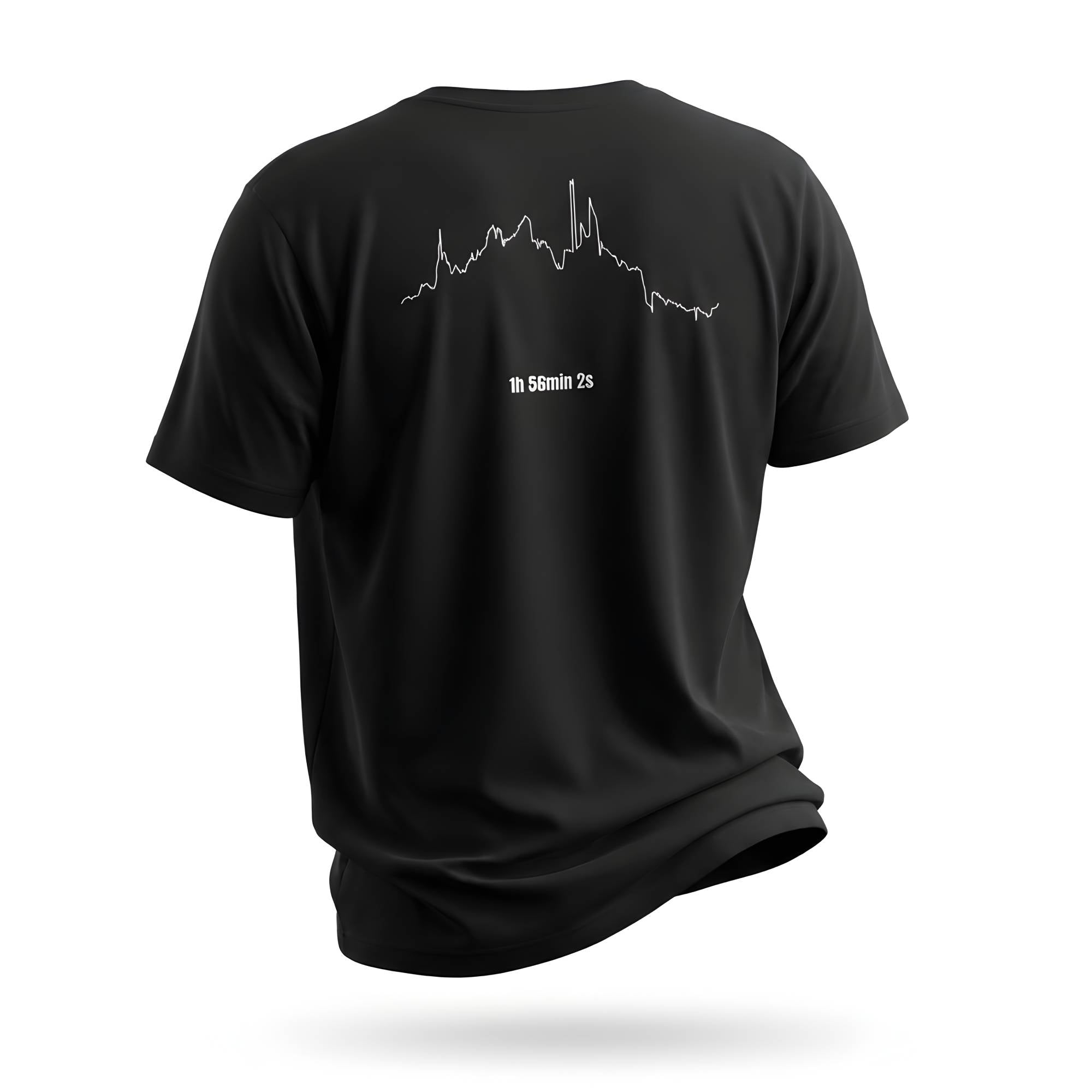 Black t-shirt with a white custom Strava route print design on the back against a white background