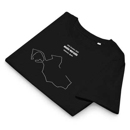 Black t-shirt with white custom Strava route print design and text on a white background