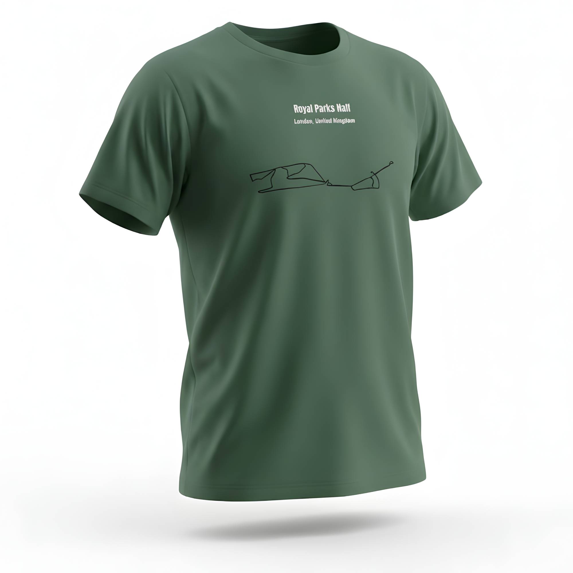 Green t-shirt with a custom Strava route print design and text on a white background