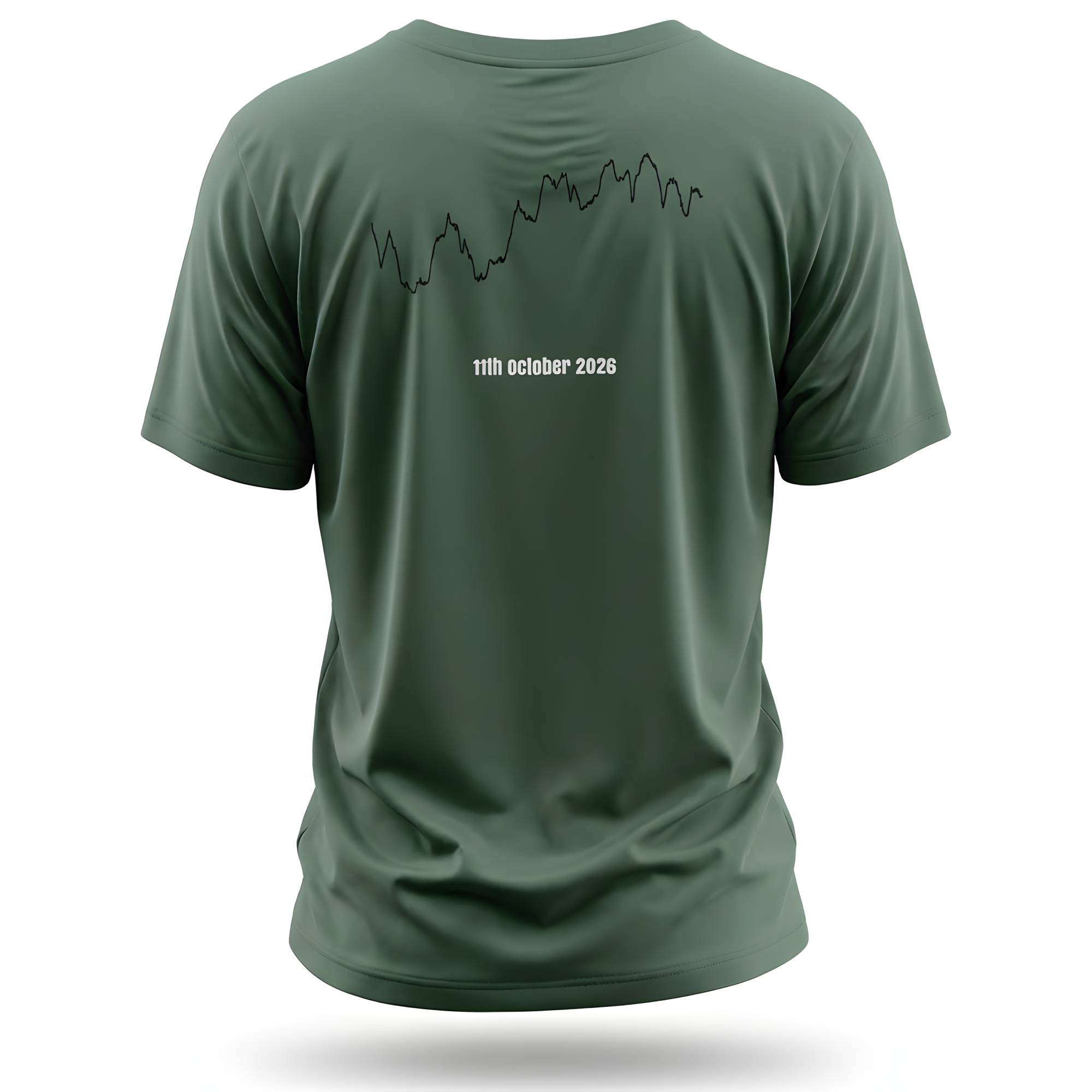 Green t-shirt with a custom Strava route print graphic and date on the back against a white background