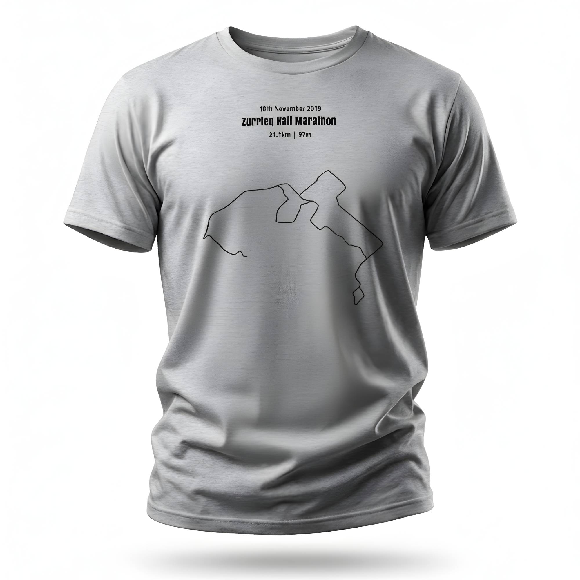 Gray t-shirt with a black custom Strava route print design on a white background