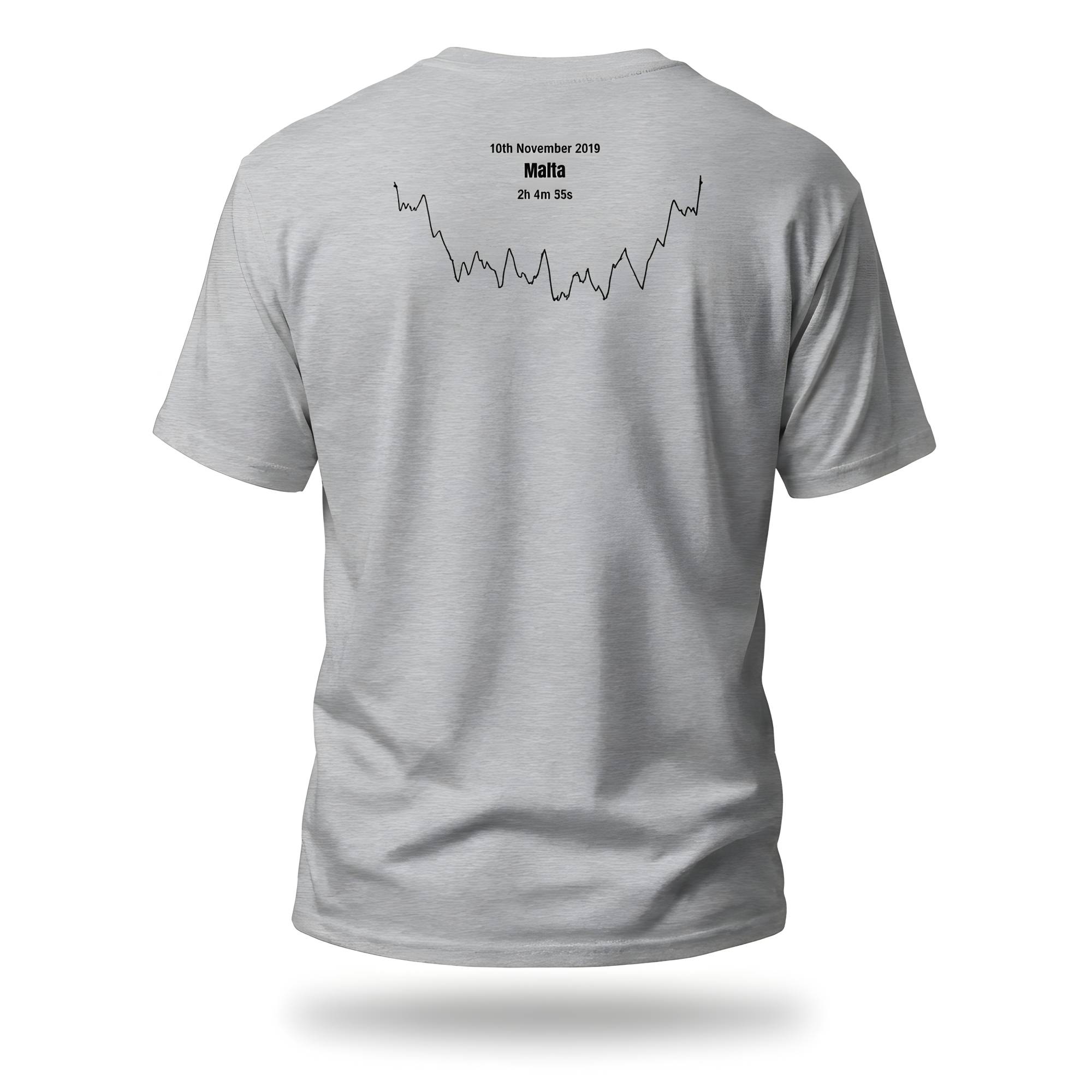 Gray t-shirt with text and a custom Strava route print on the back against a white background