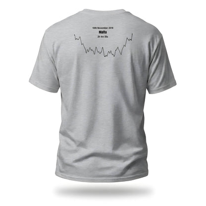 Gray t-shirt with text and a custom Strava route print on the back against a white background