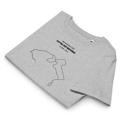 Gray t-shirt with a custom Strava route print design and text on a white background