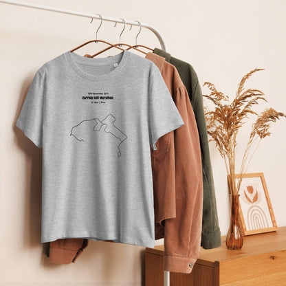 Gray t-shirt with a custom Strava route print design on a hanger against a neutral background