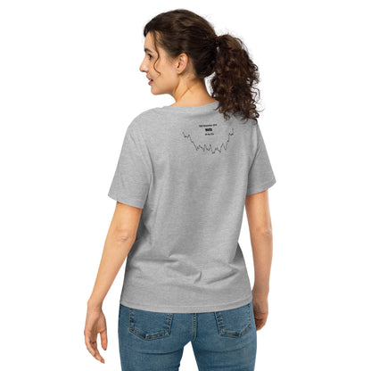 Woman wearing a gray t-shirt with a custom Strava route print on the back, standing against a white background