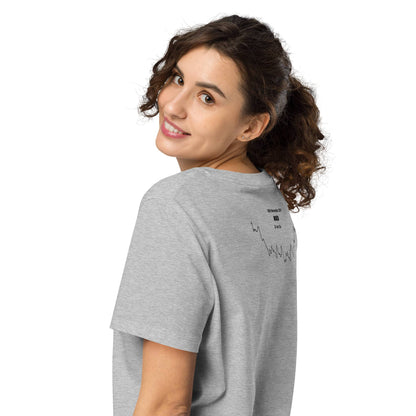 Woman wearing a gray t-shirt with a custom Strava route print on a white background