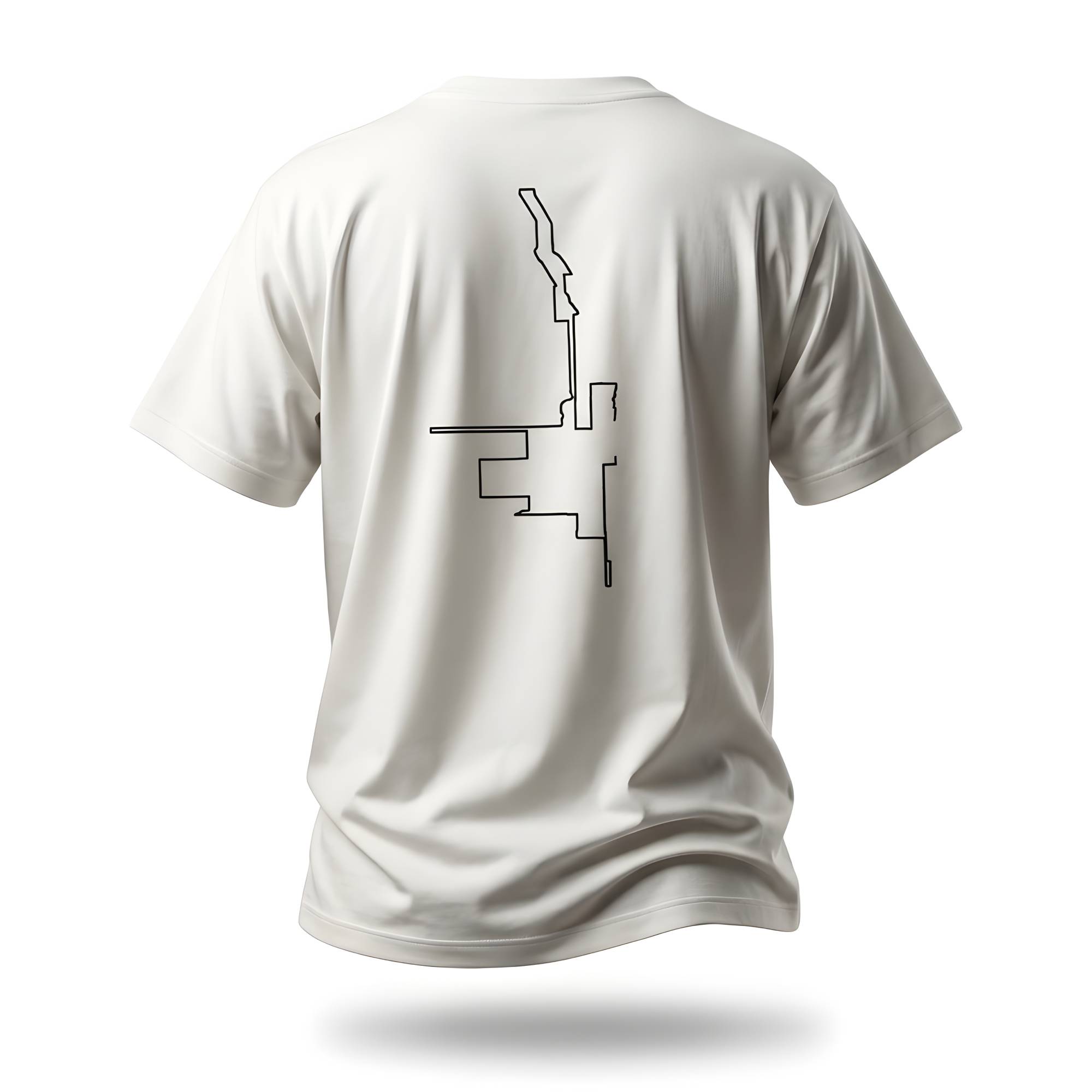 White t-shirt with a black custom Strava route print design on the back against a white background
