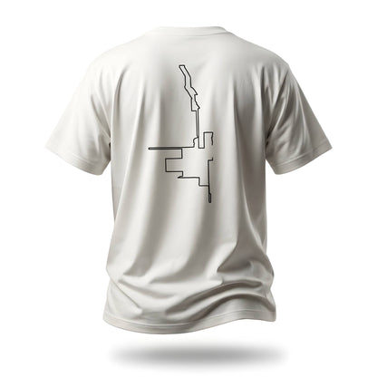 White t-shirt with a black custom Strava route print design on the back against a white background