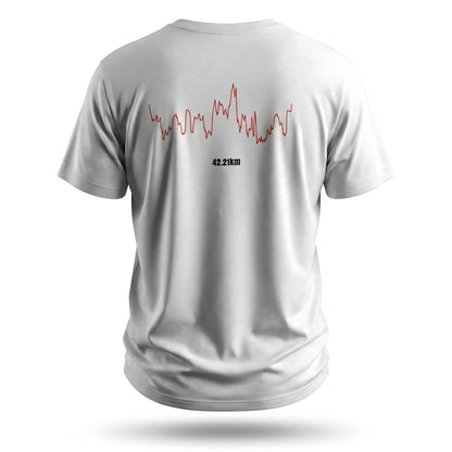 White t-shirt with red custom Strava route print design on the back against a white background