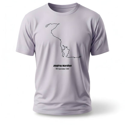 Light gray t-shirt with black custom Strava route print design and text on a white background
