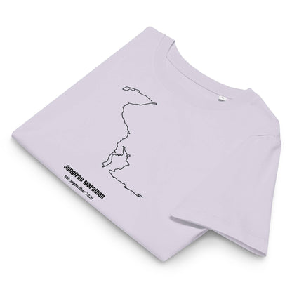 Light purple t-shirt with a black custom Strava route print design and text on a white background