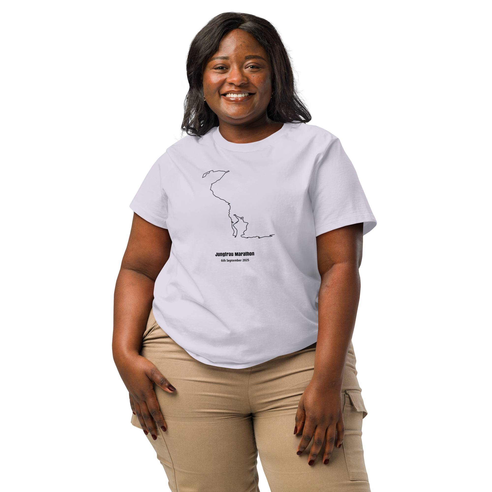 Woman wearing a white t-shirt with a custom Strava route print design on a white background