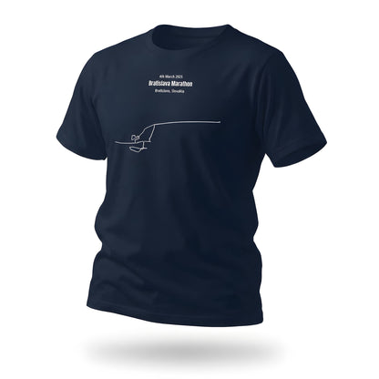Navy blue t-shirt with white custom Strava route print design on a white background