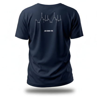 Navy blue t-shirt with white custom Strava route print design on the back against a white background