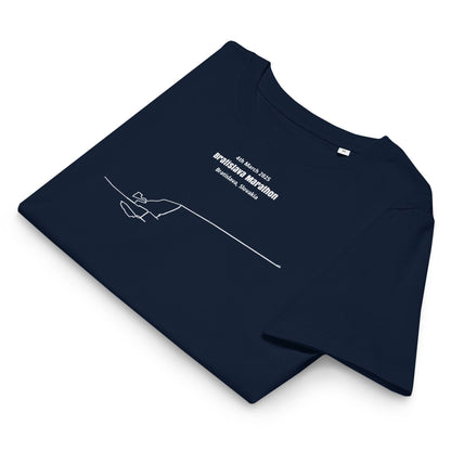 Folded navy blue t-shirt with white text and custom Strava route print design on a white background