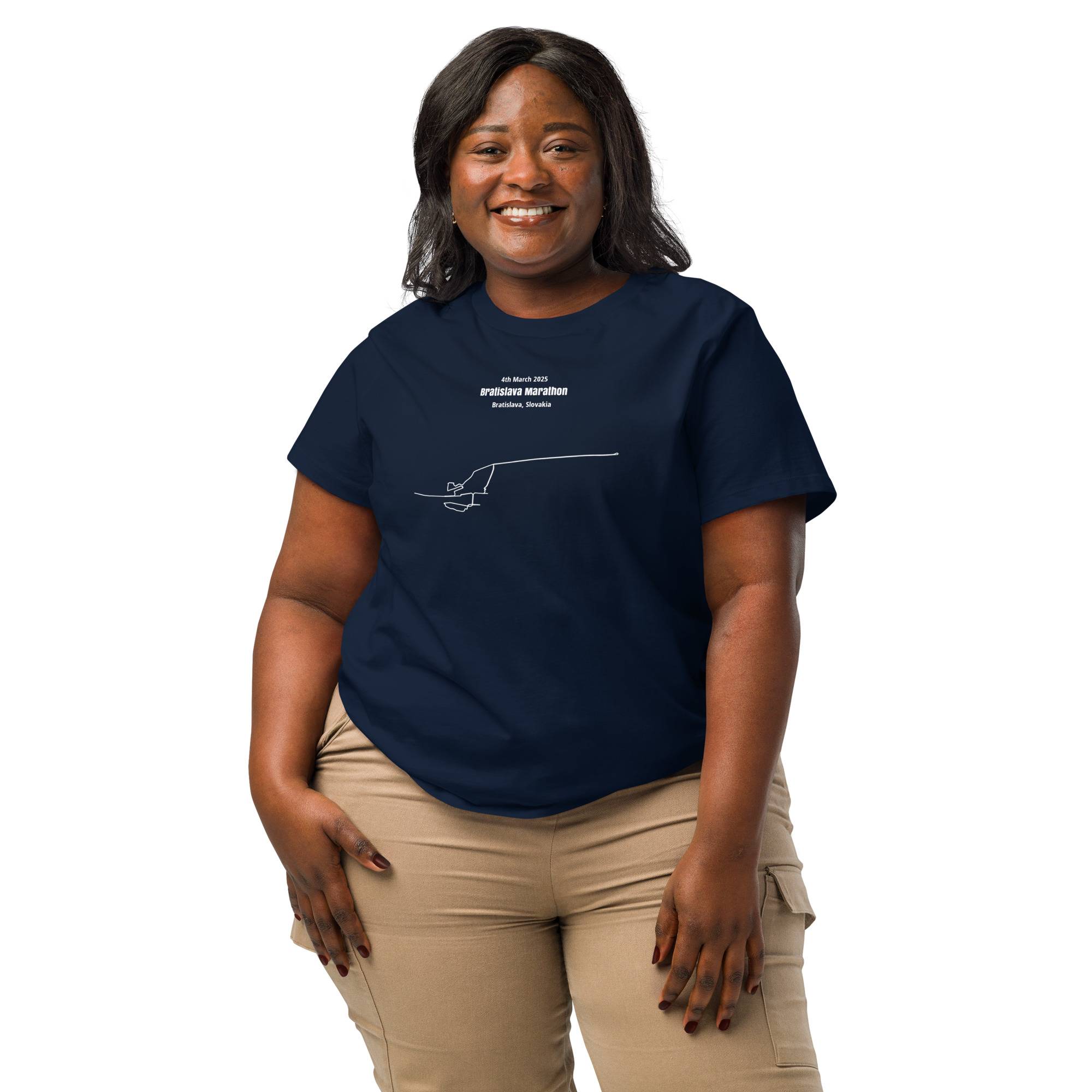 Woman wearing a navy blue t-shirt with a custom Strava route print design on a white background
