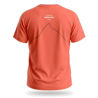 Orange t-shirt with custom Strava route print design and text on the back, on a white background