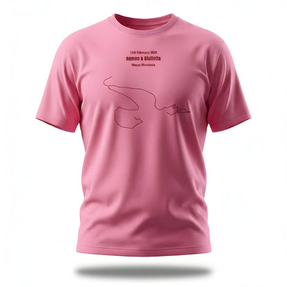 Pink t-shirt with a custom Strava route print design and text on a white background