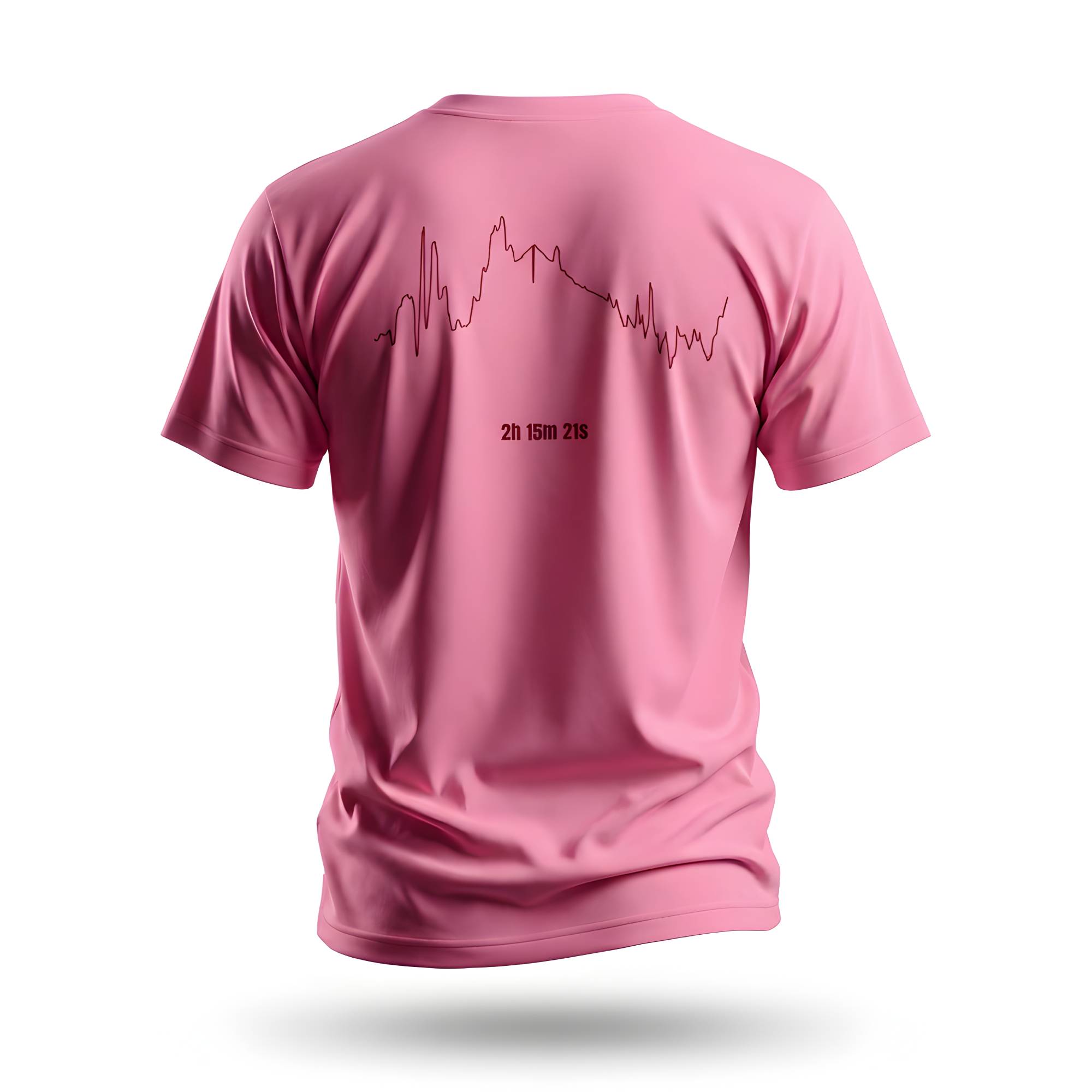 Pink t-shirt with a custom Strava route print design on the back against a white background
