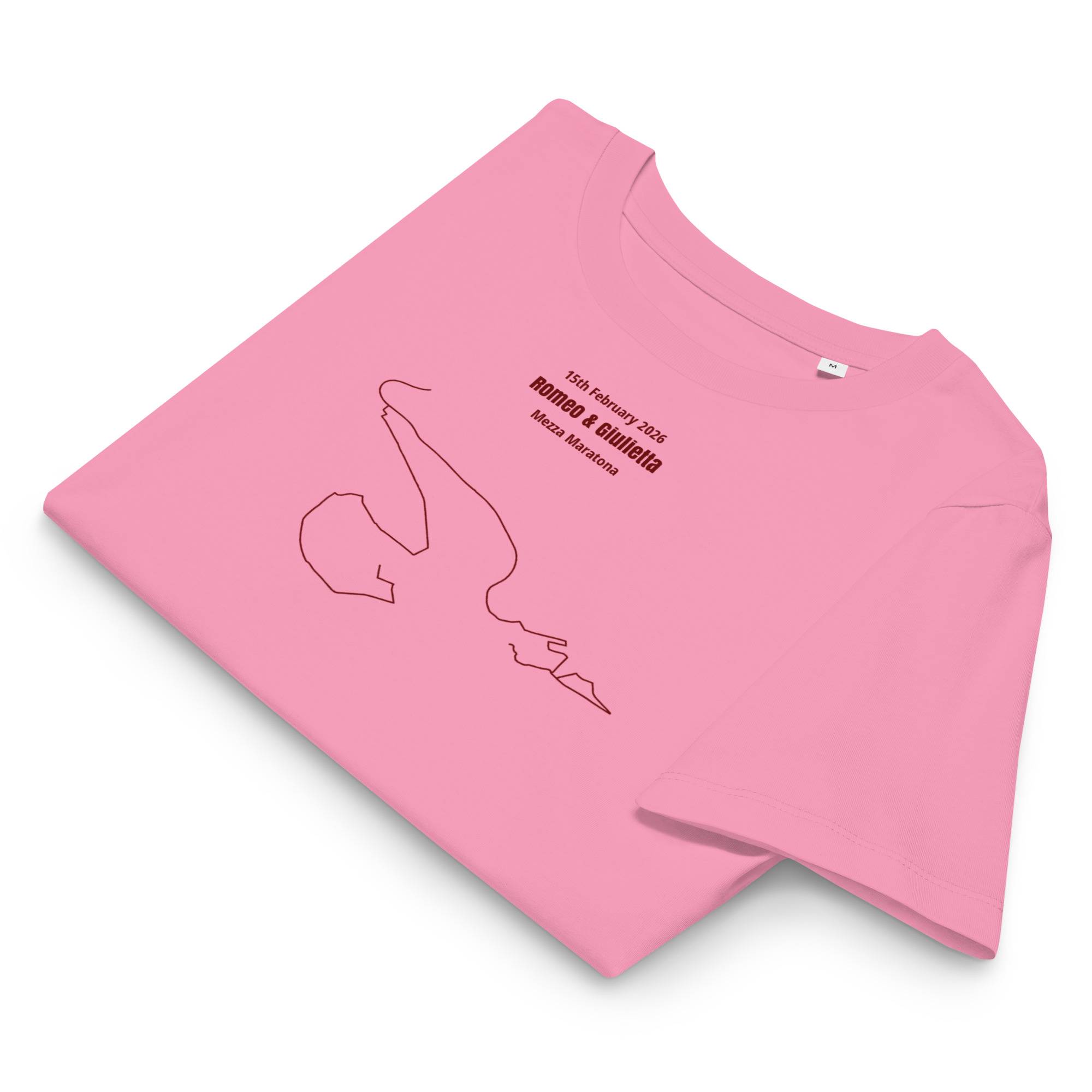 Pink t-shirt with a custom Strava route print design and text on a white background