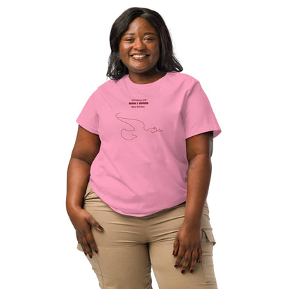 Woman wearing a pink t-shirt with text and custom Strava route print on a white background