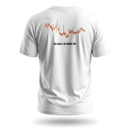 White t-shirt with red custom Strava route print and black text on the back against a white background