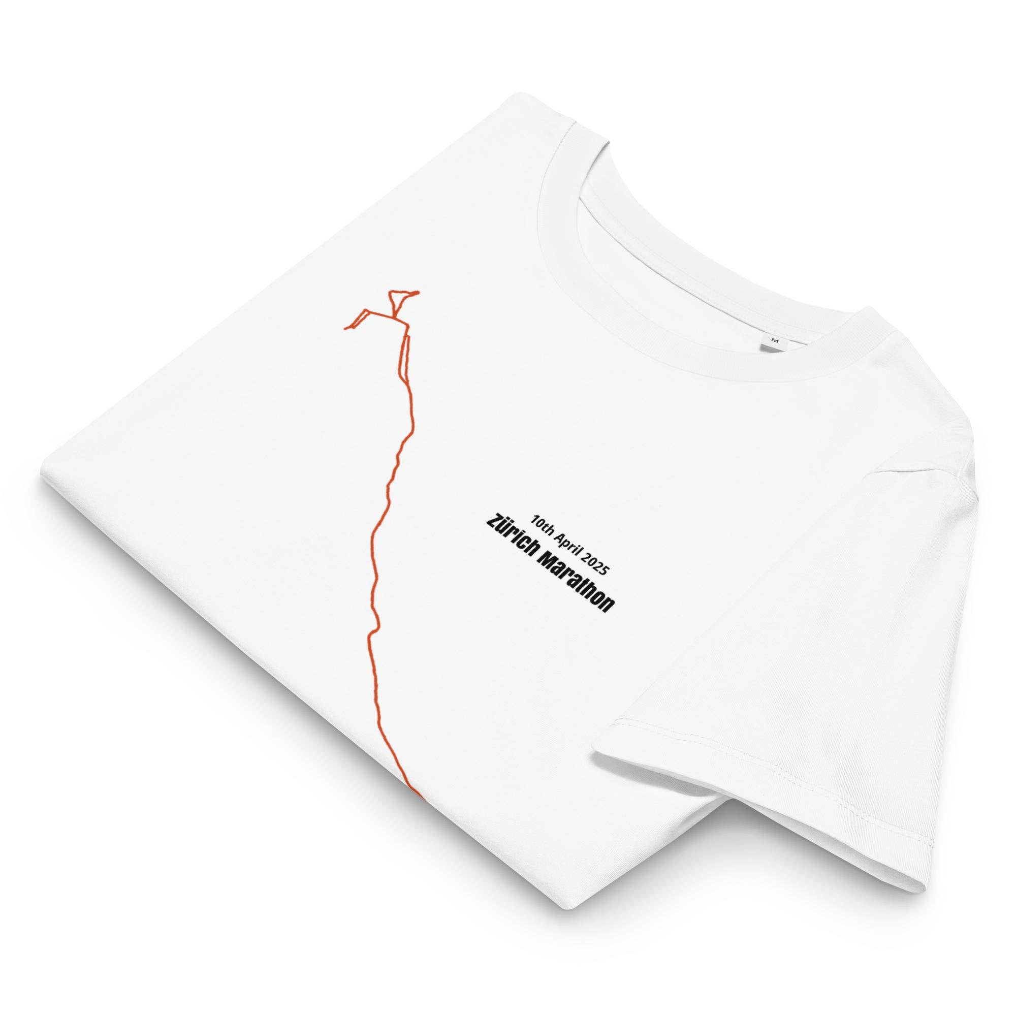 White t-shirt with red marathon custom Strava route print design and text on a white background