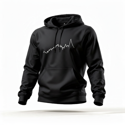 Black hoodie with a white custom Strava route print art on a white background