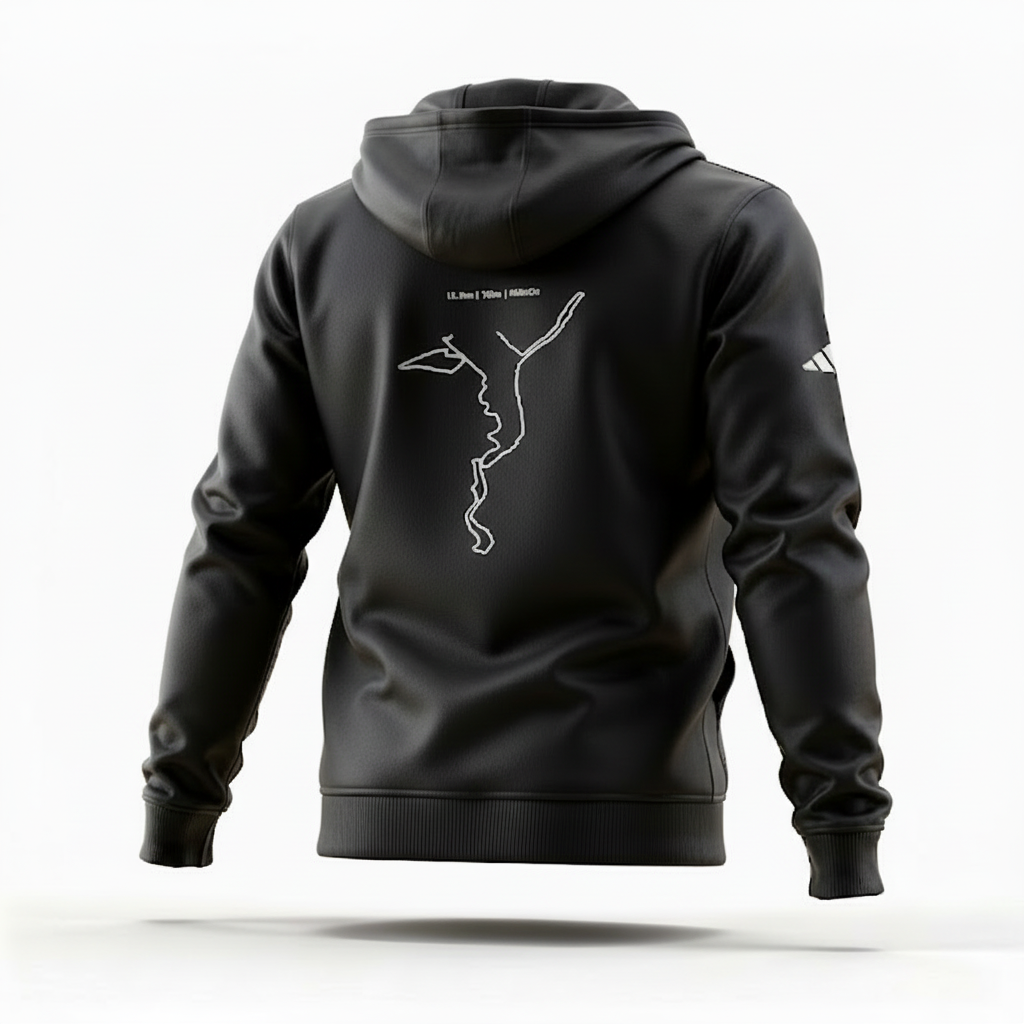Black hoodie with a white custom Strava route print art on the back against a white background