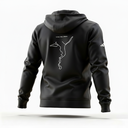 Black hoodie with a white custom Strava route print art on the back against a white background