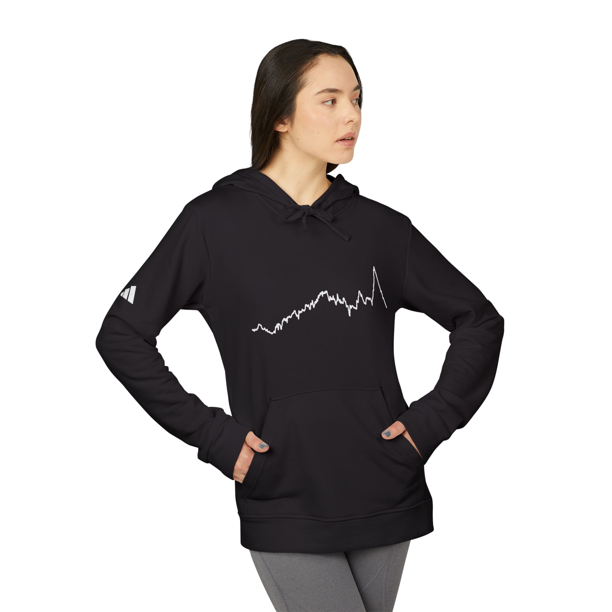 Person wearing a black hoodie with a white custom Strava route print art on a white background