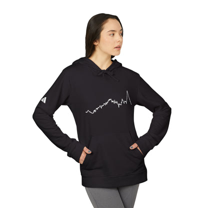Person wearing a black hoodie with a white custom Strava route print art on a white background