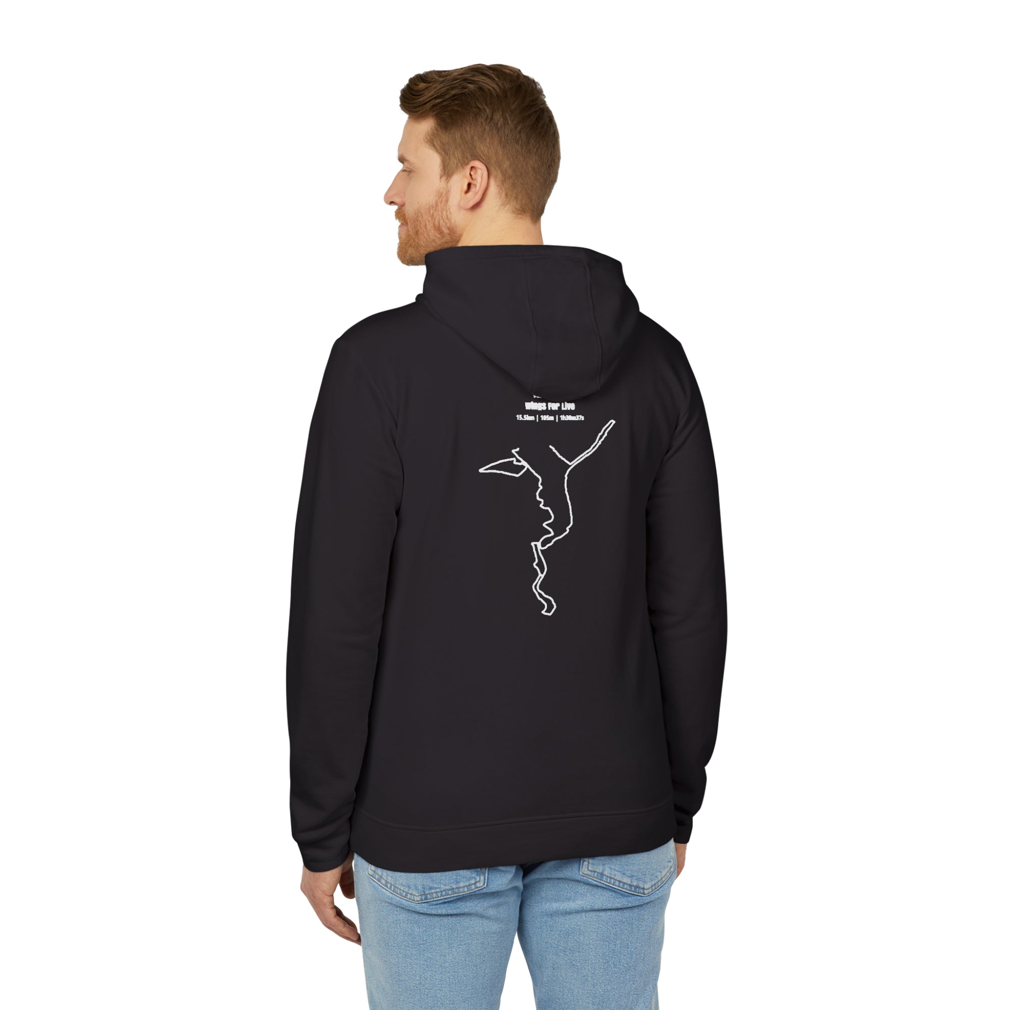 Person wearing a black hoodie with a white custom Strava route print art on the back, standing against a white background