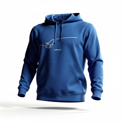 Blue hoodie with a custom Strava route print art on a white background