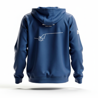 Blue hoodie with white custom Strava route print art on the back, displayed on a white background